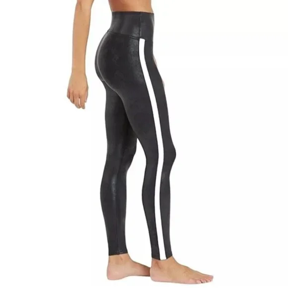 NWT‎ SPANX Shine Black Faux Leather White Stripe Legging 20187P PLUS Size 3X